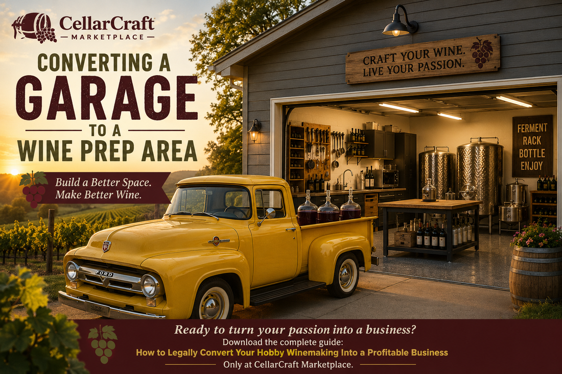 Garage converted into a home winery setup — wine prep area with fermentation equipment and storage