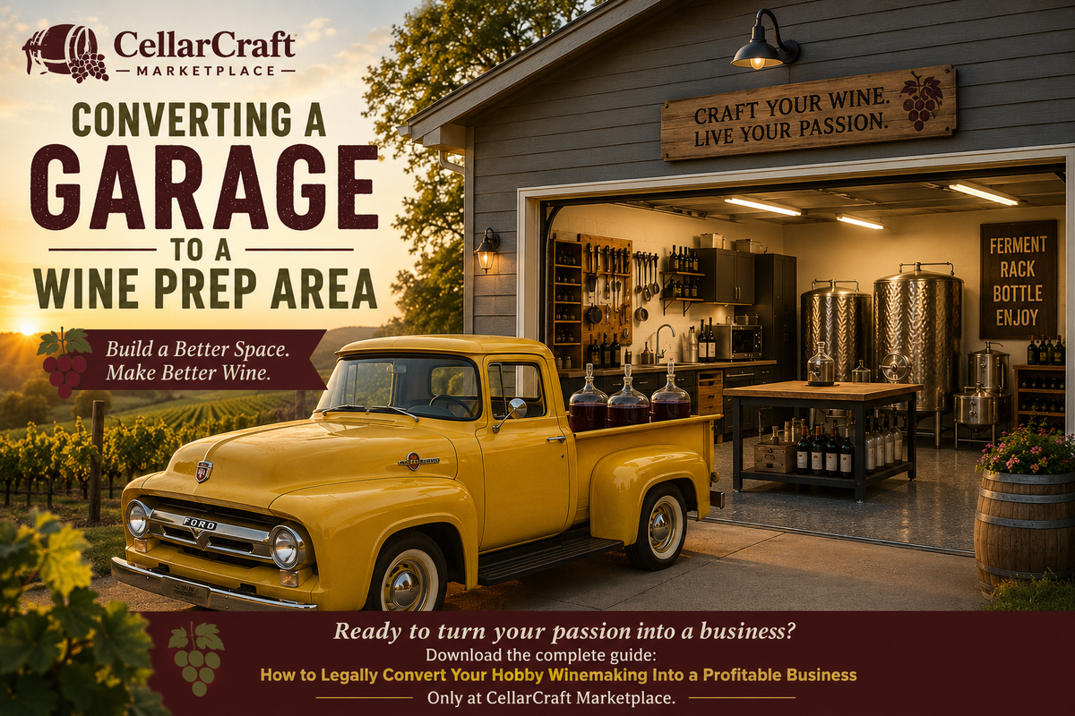 Garage converted into a home winery setup — wine prep area with fermentation equipment and storage