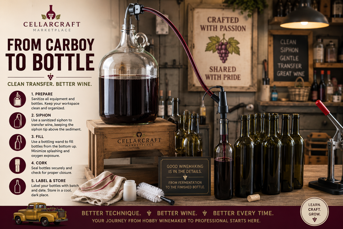Transferring homemade wine from carboy to bottles in a garage — siphoning and bottling wand setup