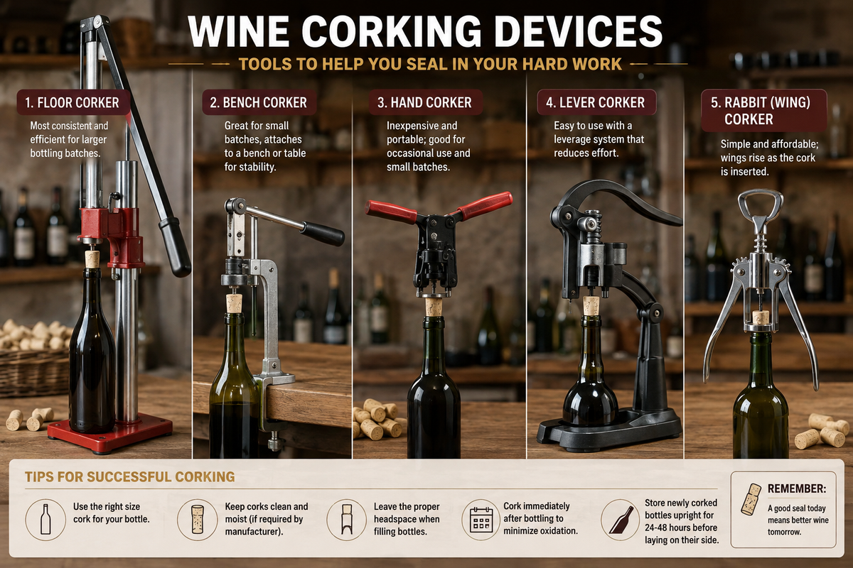 Corking homemade wine bottles — hand corker and cork types for proper wine bottle sealing