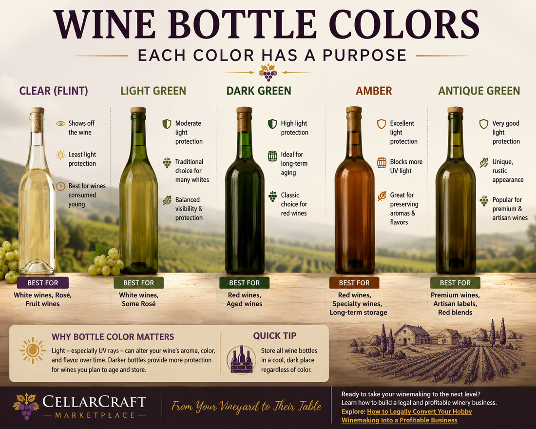 Wine bottle colors explained — green, clear, and amber glass bottles for homemade wine