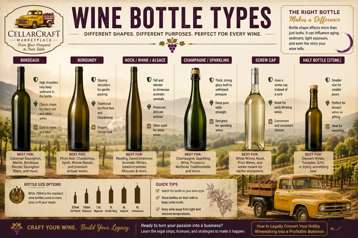Wine bottle types explained — Bordeaux, Burgundy, and Champagne bottle shapes for homemade wine
