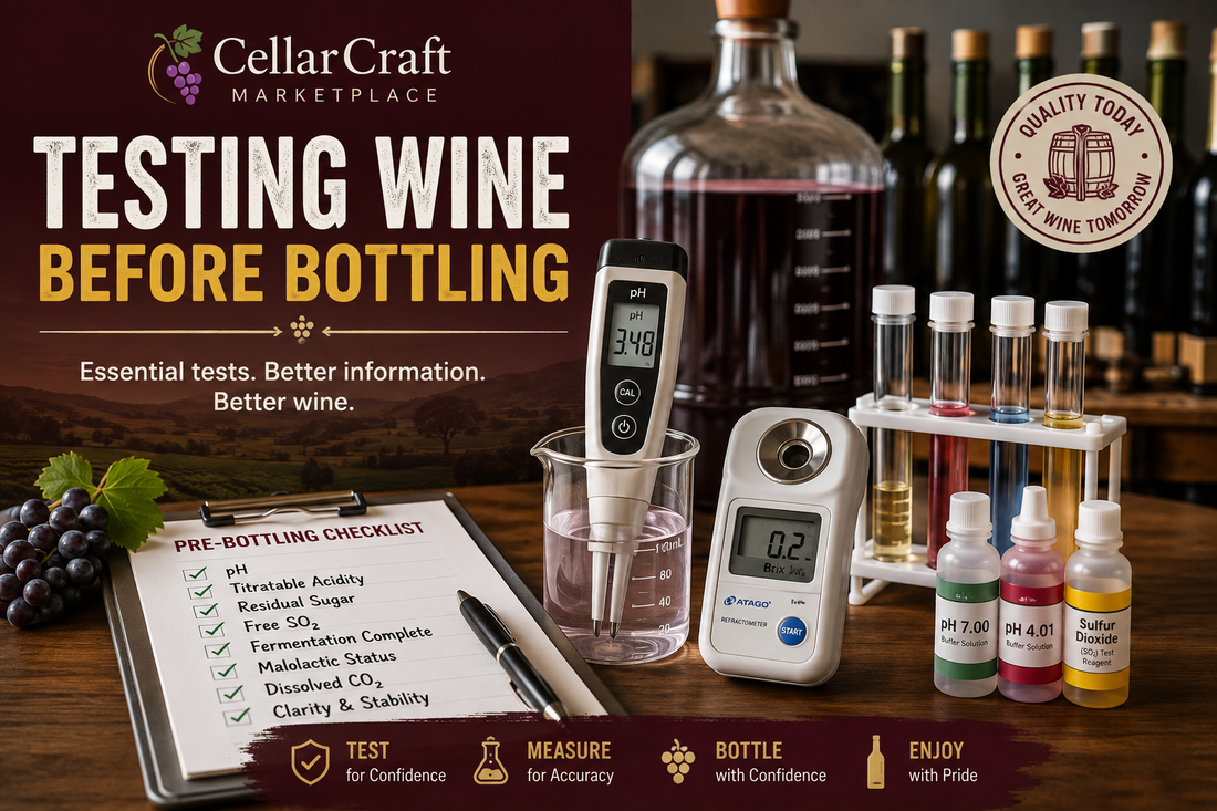 Testing homemade wine before bottling — hydrometer, pH meter, and sulfite test kit on a wine bench