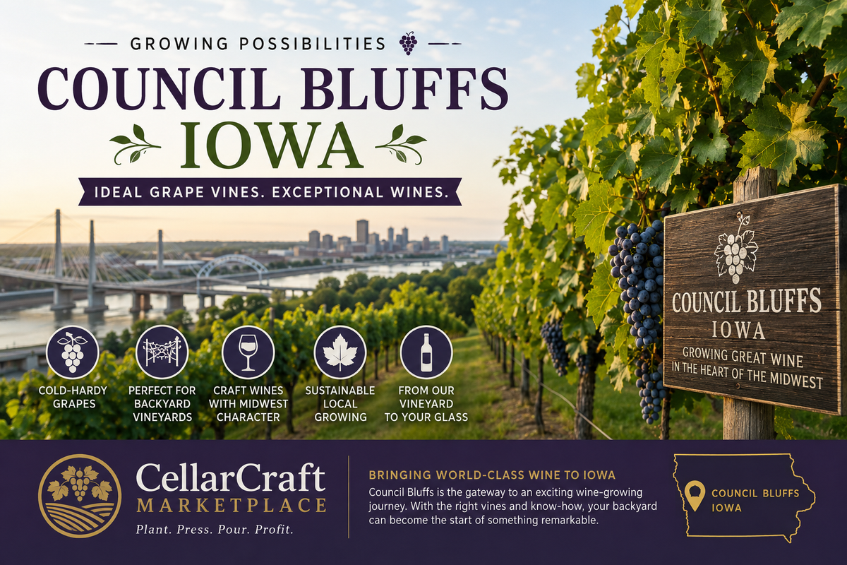 Cold-hardy wine grape vines growing in a backyard vineyard in Council Bluffs, Iowa