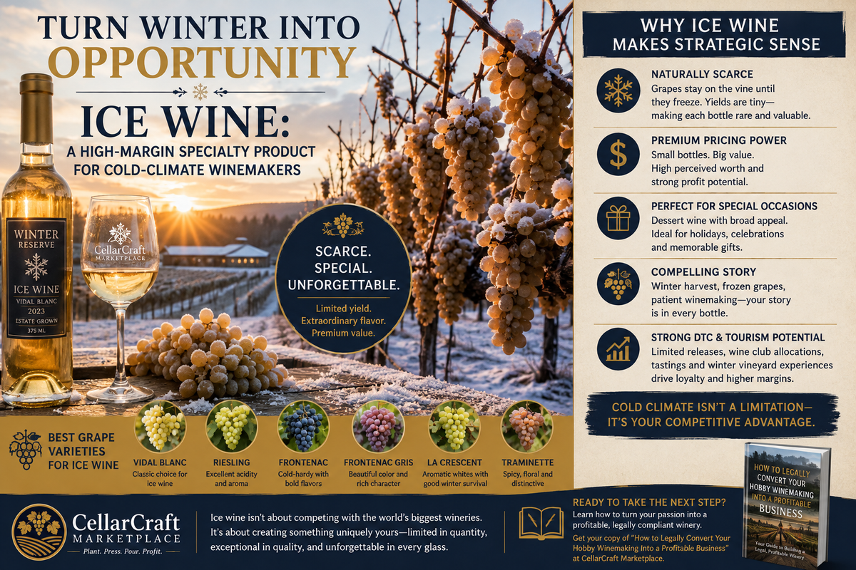 Frozen wine grapes on the vine ready for an ice wine winter harvest