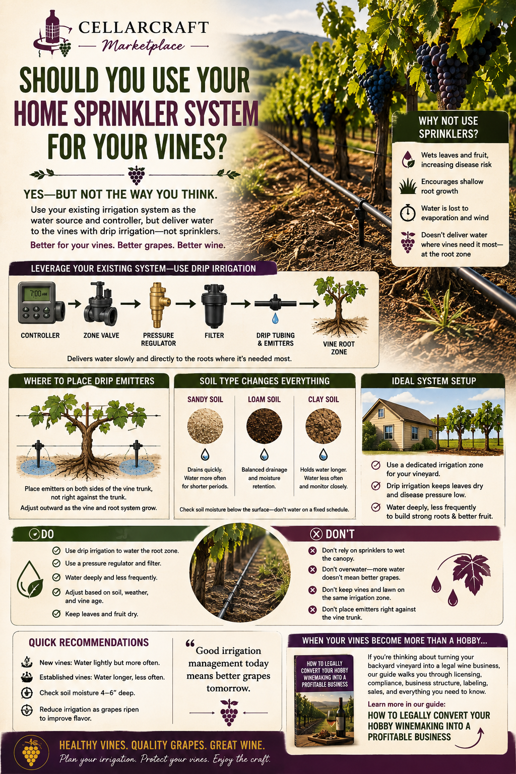 Home sprinkler system watering backyard grapevines versus drip irrigation setup for a small vineyard