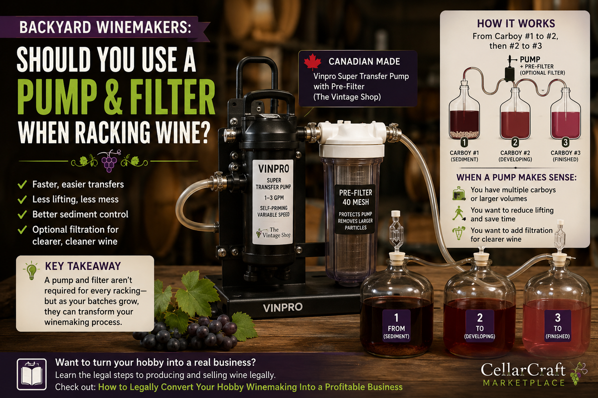 Backyard winemaker using a wine transfer pump and filter to rack wine between carboys