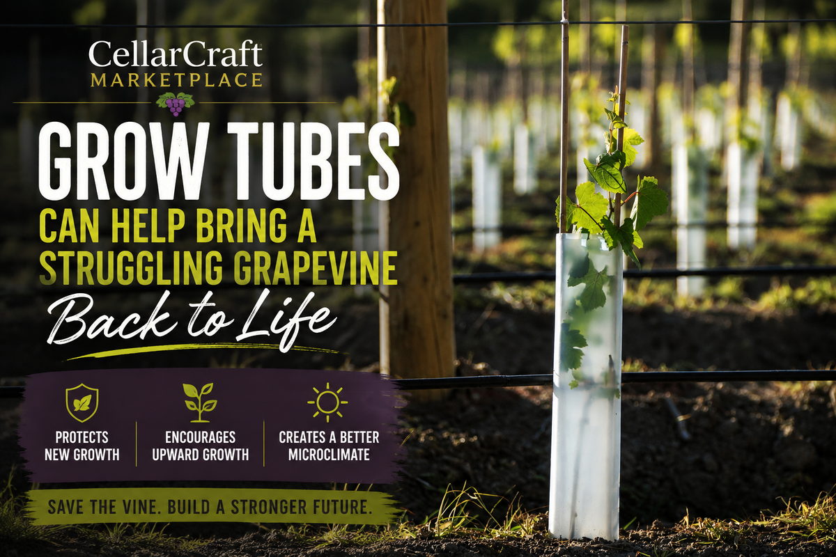 A grapevine grow tube placed around a young basal shoot emerging from the base of a damaged grapevine in a backyard vineyard