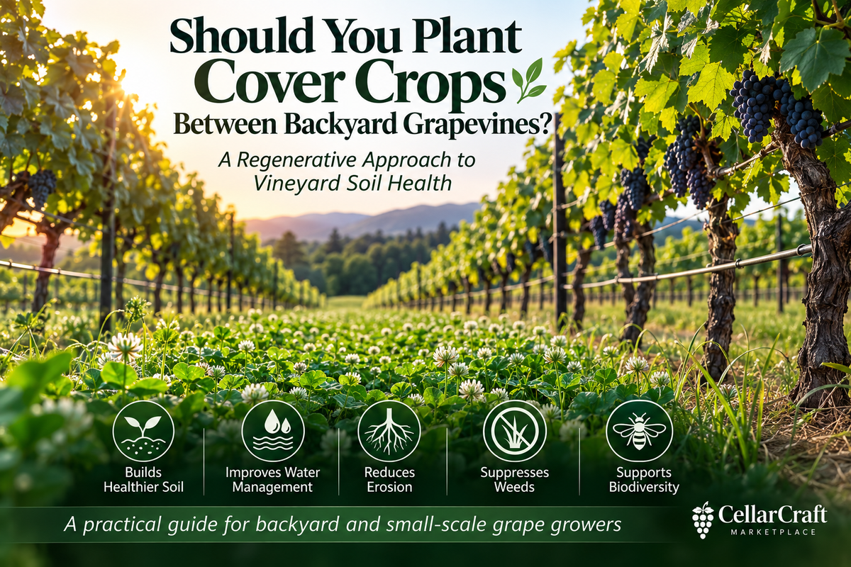 Cover crops growing between rows of backyard grapevines