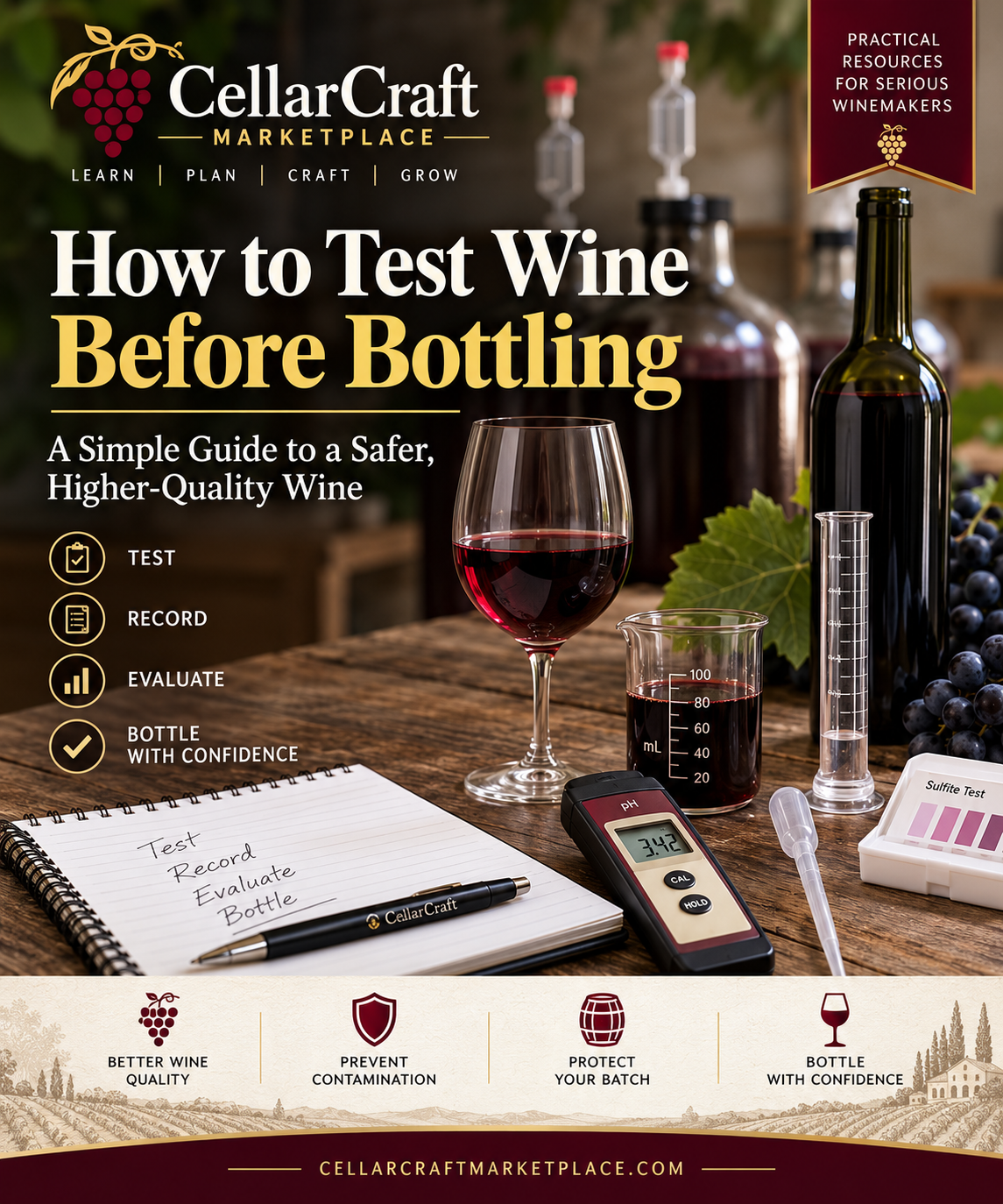 Home winemaker reviewing a pre-bottling wine testing checklist with test equipment and wine samples on a cellar workbench