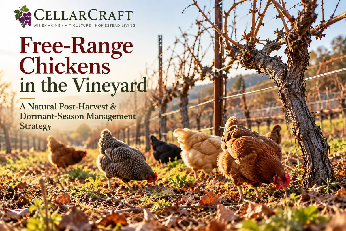 Free-range chickens foraging between grapevines in a backyard vineyard