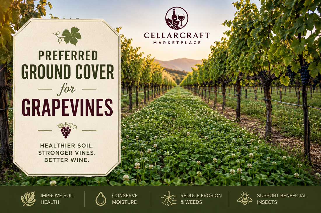 Ground cover options for grapevines — grass, clover, and mulch in a home vineyard