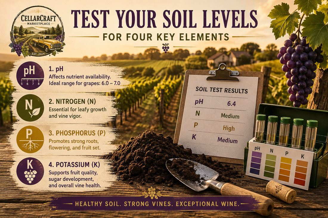 Soil testing for vineyard planting — checking pH, nitrogen, phosphorus, and potassium levels